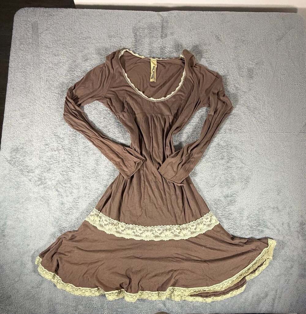 Miss Me Long Sleeve Lace Trim Dress Brown Y2K Fairy Grunge